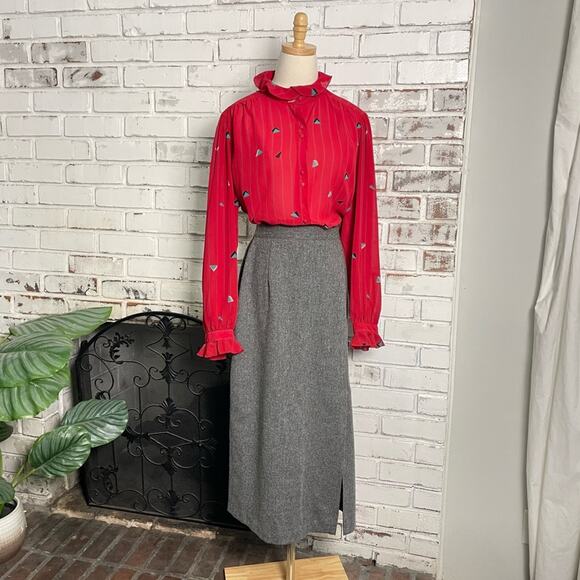 Vintage Red Teal Geometric Print Ruffle Sheer Long Sleeve Gathered Shoulder Top - Picture 8 of 11